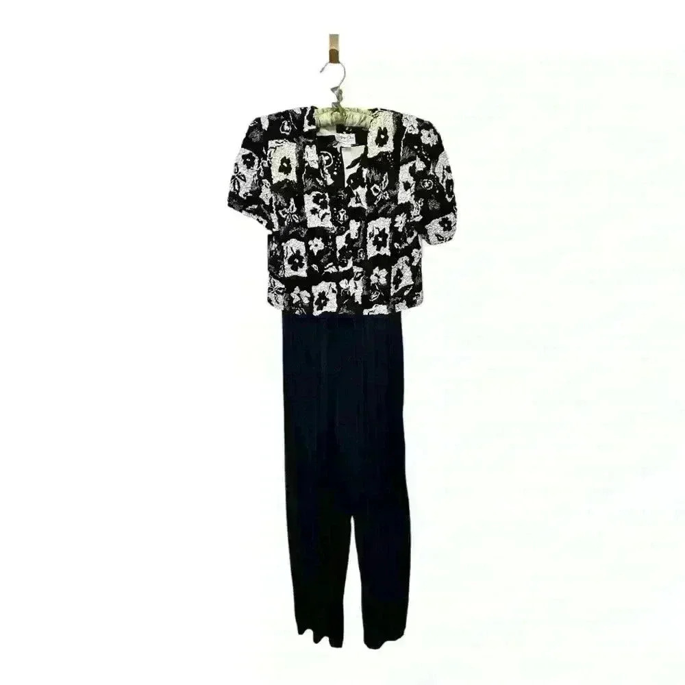 Jeffrey & Dara Petite by Linda Hutley Vintage 1980s Floral Black White Jumpsuit